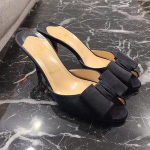 RARE Christian Louboutin Joli Noeud Black Satin Bow Accent Mules Heels: EU 39